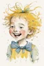 Placeholder: A whimsical colored illustration by Quentin Blake depicting a cute, funny happy 5 year old girl with yellow unkempt hair, wearing tufts of hair high on her head and wearing a bow.