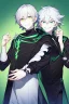 Placeholder: plauge doctor in balck leather clothes with silver hair, pale skin and bright green eyes smiling with sharp teeth, nice young face, male