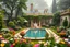 Placeholder: all scene is made of small colored cubes:a luxury villa yard with pool in center and pretty plants trees flowers, morning mist, lost paradise atmosphere,a pretty model lady in victorian clothing resting in a comfort far in villa yard in flowers .
