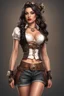 Placeholder: Photorealistic full-height photo of a fantasy skinny pin-up girl in steampunk shorts with long, dark hair
