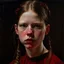 Placeholder: Actress Mia Goth, there are freckles on her cheeks, she has no eyebrows, she has pouty lips, red cheeks and nose, braids, red dress, in the style of egon Schiele drawings