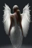 Placeholder: full body woman angel from back, angel wings tear her skin away and coming through from her neck, bun haired angel wearing long tunic ultra realistic design