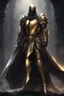 Placeholder: photorealistic holy knight paladin in very dark gold armor and a cape wielding a greatsword and no helmet in abyss