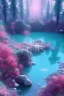 Placeholder: lac turquoise, rocher avec mousse, fleurs rose et blance, cascade, etoile filante, cristaux, vray