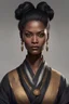 Placeholder: 50-year-old sorceress, brown eyes and dark skin, black hair tied up in a serious bun, dressed in a diplomatic tunic, with a serious look.