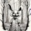 Placeholder: Ink drawing of a cute war bunny, big sweet smile, close mouth, horror, old dark scary forest with crooked trees and roots in the background, by tim burton, fashion ao dai, peter painting, digital illustration, comic style, black and white contrast, perfect anatomy, centered, dynamic, detailed, watercolor, artstation, concept art, smooth surface, sharp focus, illustration, art by Carne Griffiths and Vadim Kashin