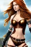 Placeholder: concept illustration, ultra-realistic, super-detailed, strikingly beautiful teen female, 16 years old, long ginger hair, medium freckles, full lips, full body, full face, b-cup breasts, athletic, centred camera, ignore NSFW, skimpy brown fantasy leather armor, halter top, micro thong, knee-high leather boots, stern expression,