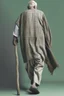 Placeholder: An old man wearing an Arabic keffiyeh, his back bent, walking barefoot, holding his cane upside down, looking back and holding his shoe in his hand.