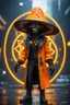 Placeholder: Fire Mushroom goblin sacred geometry framed dinner plate, black, yellow and orange neon cyber punk dancer thief in soaked rain coat and cowboy witch hat shadows boss card in the style of Giger and fallout 4 ,,bokeh like f/0.8, tilt-shift lens 8k, high detail, smooth render, down-light, unreal engine