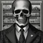 Placeholder: wall street journal style ,head and shoulders, engraved, HEDCUT, PORTRAIT OF THE GRIM REAPER AS PRESIDENT OF THE UNITED STATESr PRESIDENTIAL rendition of a skeleton dressed in a three-piece suit, very formal, as the president of the united states, united states one dollar bill, presidential, highly detailed matte painting, meticulous, dark colored tie, engraved, based on the one dollar bill, fine line, fine detail, classic, has sharp dangerous teeth, inked in greens