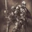 Placeholder: Skull head, knight with armor, big sword, standing still, smoke