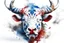 Placeholder: white aztec bull dissolving to red and blue smoke, fantasy, gold horns, rain and fire, white background, opened eyes, angry, portrait