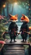 Placeholder: magazine cover with black border, adjust hue for evening, close up portrait of ninja foxes with nunchaku by lake on dark wooden bridge couple with weird cute huge eyes from a tree house in wonderful enchanted magical forest with amazing variety of plants and flowers,bokeh like f/0.8, tilt-shift lens 8k, high detail, smooth render, down-light, unreal engine, prize winning