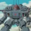 Placeholder: mecha with tracks for a tank. His body is armor and his hands are machine guns. The robot head has glass and the driver is an animal