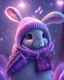 Placeholder: pink cute bunny in a knitted hat, in the midst of flickering lights, a magical forest, lilac fog, a cute muzzle, butterflies on a bunny’s jacket, a handbag with a picture of this bunny, bright eyes, soft fur, three-dimensional pattern,