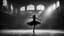 Placeholder: dark mysterious gigantic old hangar, girl dancing, photographic, black and white