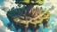 Placeholder: anime zelda artwork style, Highly detailed, 1 gorgeous flying island, Yggdrasil, medieval fantasy city