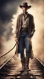 Placeholder: postcard portrait of towering man with long torn duster, smoking pipe sexy cowboy with rope lasso and old boots by rail road with pick up ,hands in pockets, in dust cloud spotlight, magazine cover illustration with spray paint, signed, bokeh like, down-light, unreal engine, prize winning