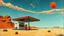 Placeholder: Surreal collage art, featuring a gas station in the middle of a sandy desert with a bright red sky, bold colors and textures, by Salvador Dali and René Magritte, dreamlike atmosphere, symbolic elements scattered throughout the image.