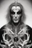 Placeholder: Symmetric portrait of a man with black metal facepaint, with long white hair, with a satanic pentagram on his chest, with bloody eyes, no hands and no smoke