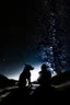 Placeholder: Black background on a mountaintop. Two silhouettes are sitting close to each other a fit human man and a fit human woman, looking at the stars. A large dog is in the photo behind the woman and the man.