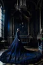 Placeholder: The Countess is a ghost, she has a long, flowing dark blue dress, she is in her castle, Hanging in the castle room, there is a tapestry composed of the preserved faces of the Countess' ancient victims.