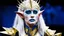 Placeholder: The image features a person with an elaborate makeup and costume that gives them an otherworldly appearance. They have pale skin, long white hair, and pointed ears. Their facial features are accentuated by gold and blue makeup, which includes intricate designs around their eyes and on their forehead. The individual is wearing a headdress with a spike-like design that adds to the fantastical look. They are also adorned in a costume with gold and blue elements, featuring what appears to be scales