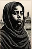 Placeholder: create a deeply powerful tragic, heart wrenching, and evocative, full body woodcut of a poor young Muslim refugee girl with highly detailed and deeply cut facial features, lost in a horrific post apocalyptic Gaza, in the style of KATHE KOLLWITZ , searing lines and forceful strokes