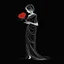 Placeholder: single line minimalist drawing: in white ink, on black background, depicting a graceful woman wearing an orange dress and holding a delicate red rose. The composition highlights the fluidity of lines and the contrast of colors, capturing the essence of beauty in a monochromatic color scheme. That emphasizes simplicity, elegance, and emotional depth.