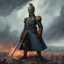 Placeholder: a heroic humanoid thorny cactus wearing a blue prussian uniform, standing on a chaotic medieval battlefield, officer sabre, storm, dark sky, tattered banners, siege engines, musketeers