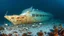 Placeholder: Underwater wreck of a massive cruise ship, on its side on the seabed, 200m below the surface. Debris from the ship on the seabed. Sea creatures including fish, jellyfish, sea urchins, shellfish. Seaweed. award-winning photograph, exquisite realism