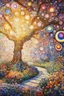 Placeholder: flower garden beneath a huge tree; unusual energy Modifiers: intricate oil on canvas dynamic lighting colourful Gustav Klimt Marc Chagall Watercolor painting Stained Glass Sonia Delaunay intricate oil on canvas intricate oil on canvas oil on canvas