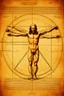 Placeholder: Human – Language – Computer. Leonardo da Vinci's Vitruvian Man on the background of the matrix