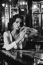 Placeholder: a beautiful woman holding a cigarette, smoking at a bar counter, cigarette smoke, intricate detail, sharp focus, photorealistic, high contrast, perfect hand, noir mood, film style