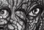 Placeholder: Extreme close-up, hyperdetailed photorealistic charcoal and ink mixed media drawing of a pair of eyes, vignette, tessellation fractal black and white, migraine migraineur pain, horror, stygian, gouache Jan Van Eyck John Stephens James McCarthy