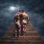 Placeholder: Hyper realistic shirtless muscular men hugging on the top of pyramid at rainy night