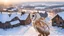 Placeholder: angel's view back to the camera a barn owl seen from the back from the top view flying over a winter small village, snowy landscape, little light, sunrise, some small Hungarian old country houses from above, perspective, high detailed, sharp focuses, photorealistic, cinematic