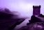 Placeholder: old castle, foggy, lava, drawbridge. surrounded by cliffs, purple