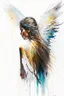 Placeholder: A detailed illustration of a beautiful young female human with growing out of her back. Her skin, hair and face are all made of paint. Her wings are spread. Front view. Highly detailed flawless facial features and eyes. Abstract Oil painting splash art. White background, wide angle, abstract design, beautiful, thick flowing paint strokes, dripping paint, fantasy art, modern art, ((soft happy complimentary colors,)) modern aesthetic, focused on the character, 4K resolution.