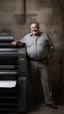 Placeholder: full figure shot photography of an italian strong massive big chubby 50 year old man in opened gray trousers, manly chest, unbuttoned shirt, short beard, shirtless, printer in an old printing house, next to a huge old printer, dim light, side light, ambient occlusion