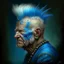 Placeholder: a detailed portrait of old man with a extravagant blue mohawk by edouard bisson, punk rock, oil painting, muted colors, soft lighting