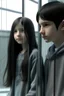 Placeholder: A girl and a boy separated by a glass wall The girl has long black hair Photorealistic