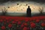 Placeholder: Childe Roland to the Dark Tower Came, standing in a proliferous field of red roses, a crow is flying; style Caspar David Friedrich