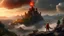 Placeholder: High quality medium shot of Mario on a hill, fantasy, epic, landscape, fire, ruins, dragon, demons, buff, backshot