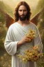 Placeholder: Jesus portrait , detailed hands, at dawn by atey ghailan, golden light , white robe, holding leaves and flowers , angels background, volumetric light, high detail, red leaf tree, mountains in background, perfect