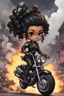 Placeholder: Create a comic book art illustration of a chibi cartoon full figure black female riding a sports motorcycle. She is wearing tie dye and black tights with biker boots. Prominent make up with log lashes and hazel eyes. Extremely highly detailed black shiny wavy hair up in a messy bun. Background of smoke surrounding her and the bike and she's at a bike show.