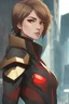 Placeholder: Woman in mid-thirties brown and gold hair, vivid red eyes, wearing futuristic warrior attire, stoic, urban background, RWBY animation style