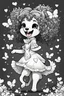 Placeholder: create a coloring page of a chibi puppy with a curly afro ponytails dancing around hearts and butterflies. she smiles while shes playing , black and white