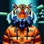 Placeholder: Tiger toddler, smile, cyberpunk headphone, sunglass, gangsta neckless, full body, orange puffer jacket, tokio background, dramatic lighting, hyper realistic, unreal engine 5, 16k