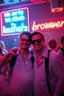 Placeholder: An "Identical twins" performing at dance club, theyre name is "Martin and Mercurius" Happy and celebrity look, , Neon lights and smog, "We are the kebab brothers" big sign on the wall
